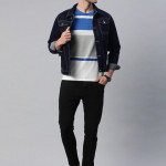 Men Blue & Grey Melange Colour blocked T-shirt