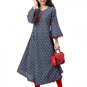 Women's Cambric Cotton Printed Mirror Work A-Line Kurta (Blue)