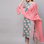 Women's Cotton Blend Printed Straight Kurta with Pant & Dupatta