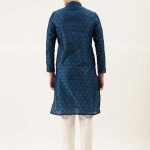 Men Blue & White Self Design Kurta with Churidar