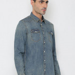 Men Navy Blue Standard Faded Denim Casual Shirt