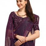 Embellished net purple saree with unstitched sequins and velvet blouse