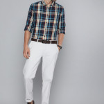 Men Navy Blue & Beige Slim Fit Checked Pure Cotton Formal Shirt